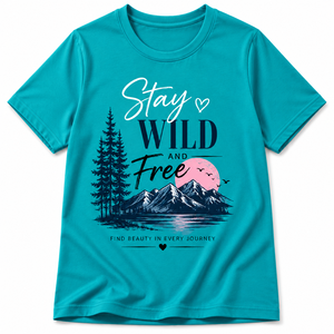 เสื้อยืดคอกลมสีน้ำเงินแบบกำหนดเองสำหรับผู้หญิง แขนสั้น พิมพ์ลาย Stay Wild Free ผ้าฝ้าย 100% สวมใส่สบาย ระบายอากาศได้ดี ทรงปกติ น้ำหนัก 180 กรัม - Product Image 1