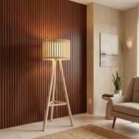 Lámpara de Pie LED Moderna de Madera de Teca, Trípode con Rama Natural, Pantalla de Luz, Mueble de Iluminación de Lujo Balinés Hecho a Mano de Primera Calidad