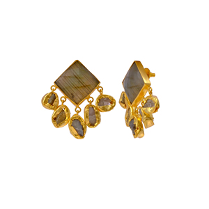 Boucles d'oreilles pendantes carrées vertes plaquées or PURPLE ELEPHANT avec pierre rose pour fête et mariage - Style tendance à prix abordable - Product Image 6