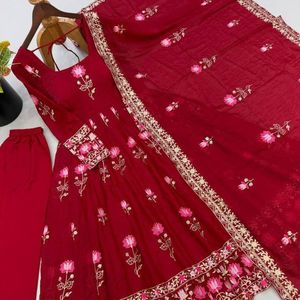 Premium Silk Flair Gown with Pant and Sequins Embroidered Dupatta Fully Stitched <b>three</b> Piece Suit - Product Image 2