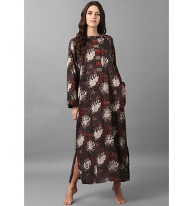 ชุดเดรสกลางคืนพิมพ์ลายแขนยาวผ้าคอตตอนสีแดงงาช้างสีน้ำตาลดูดีมีระดับมีซิปด้านหน้า - Product Image 1