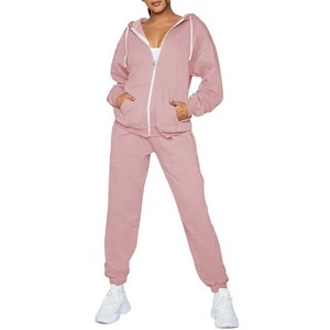 Conjunto Deportivo con Capucha Rosa para Mujer, Color Sólido, Manga Larga, Pantalones con Cordón, Corte Holgado Informal, Ropa de Otoño - Product Image 2