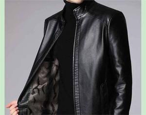 Veste en cuir marron pour homme, col montant, fermeture éclair, style motard, coupe ajustée, pour l'automne, couleur unie, manches classiques - Product Image 3