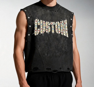 Camiseta sin Mangas Personalizada para Hombre, Estilo Punk, Cuello Redondo, Logotipo Bordado, Diseño Frontal con Pedrería Premium - Product Image 2