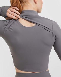 Women's Gray Long Sleeve Crop <b>Top</b> Half-Zip Solid Color Breathable Fitness Shirt Regular Fit Full Sleeve All Seasons - Product Image 6