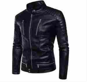 Blouson moto homme slim fit en cuir PU, col montant, fermeture éclair, noir uni, longueur standard, pour l'automne - Product Image 5