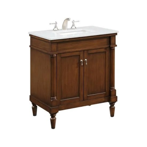 Meuble-lavabo simple en teck naturel traditionnel avec plan de travail blanc et vasque en céramique à encastrer - Product Image 1