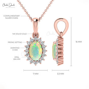 Pendentif halo délicat en diamant blanc rond de 1,1 mm de haute qualité, or véritable 14 carats, opale éthiopienne, prix d'usine. - Product Image 5