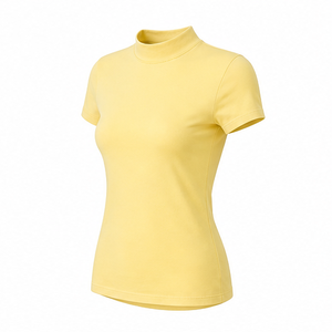 T-shirt personnalisé pour femme, jaune pâle, coupe ajustée moderne, col montant, manches courtes, en jersey de coton côtelé doux - Product Image 3