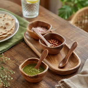 Ensemble de service à condiments en bois d'acacia fait main, bols à trempette écologiques en bois avec cuillères et plateau de service ovale à vendre - Product Image 5