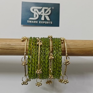 Premium Olive Green Kashmiri Glass <b>Bangles</b> Set 16-Piece Gold Ghungroo Charms Handmade Traditional <b>Indian</b> Bridal Ethnic Jewelry - Product Image 3