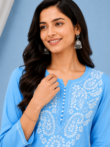 Women Embroidery Floral Printed Cotton Straight <b>Kurti</b> Blue Color Buy Direct From Supplier At Bulk Price - Product Image 3