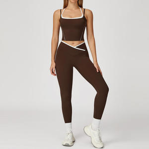 Women's Black Yoga <b>Set</b> <b>Square</b> Neck Crisscross Strap Crop Top High Waist Elastic Waist Leggings 2 Piece Seamless Sweat-Wicking - Product Image 3
