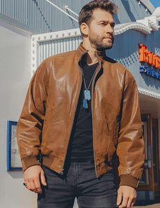 Blouson aviateur en cuir véritable marron pour homme, col montant, fermeture éclair, style décontracté, coupe classique, couleur unie, idéal pour l'automne - Product Image 4