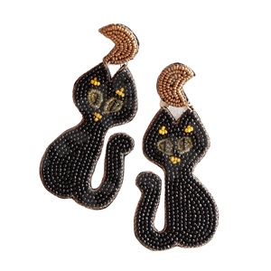 Halloween Black Cat Beaded Earrings for Women Patriotic <b>Memorial</b> Day Orange White Blue Colour Fabric Material - Product Image 1