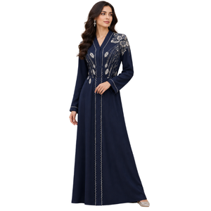 Abaya élégante bleu marine brodée à manches longues, longueur au sol, col en V, tenue de soirée traditionnelle du Moyen-Orient pour femmes - Product Image 1