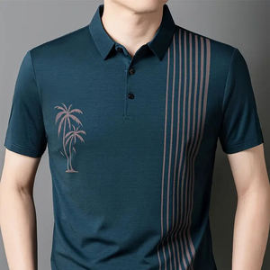 Men's Embroidered Palm Tree Striped Short Sleeve TShirt Regular Fit Casual Knitted Breathable Design Front <b>Logo</b> Wholesale price - Product Image 3