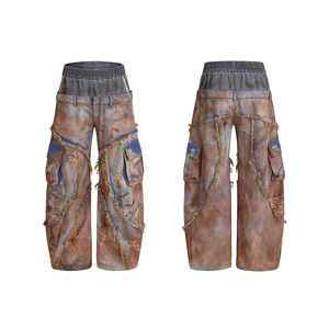 <b>Men's</b> Tie Dye Wide Leg <b>Cargo</b> <b>Pants</b> Distressed Ripped Elastic Waist Street Style Cotton Trousers - Product Image 4
