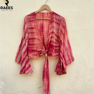 Top Corto de Mujer Hecho a Mano 100% Algodón, Ajustable con Lazos, Cómodo, Casual, Estilo Bohemio, Mangas Campana Largas, Primavera Verano - Product Image 2