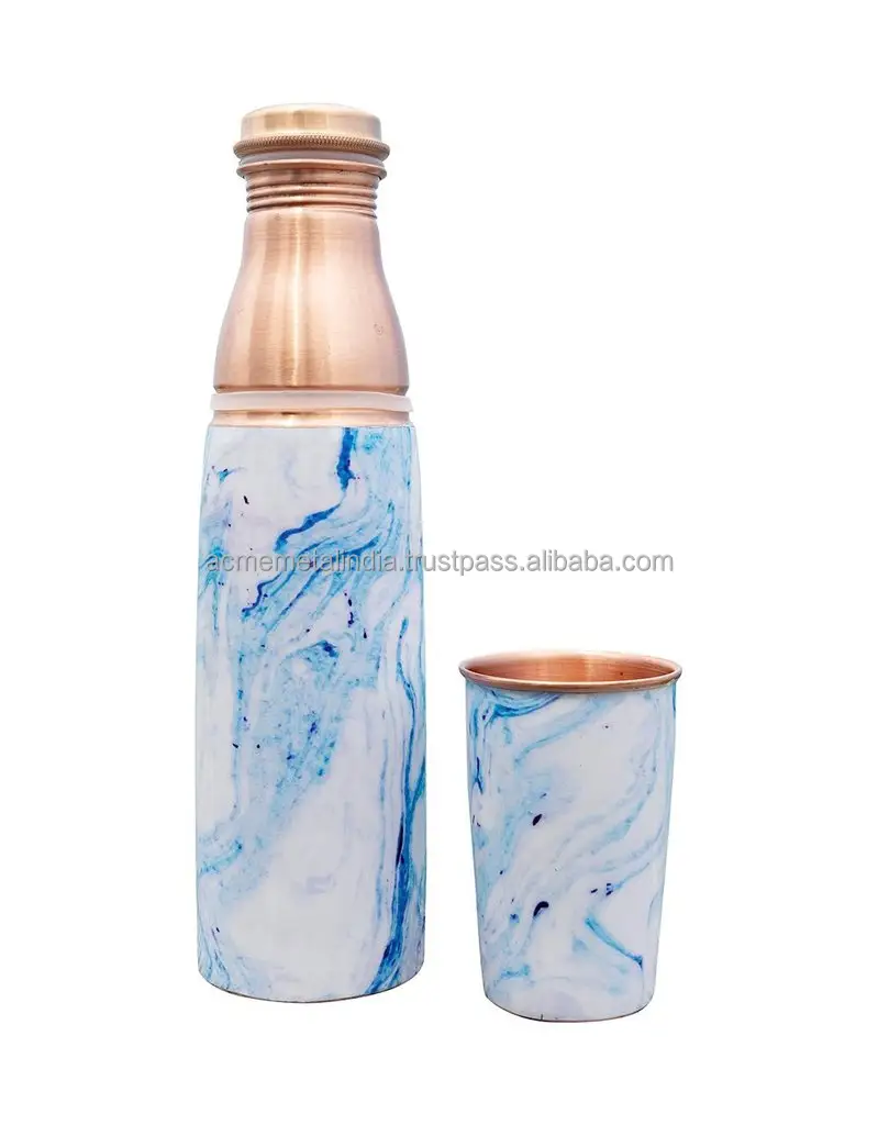 Copper Bottles For Water With Glass Saving Gold Color Enameled Blue Color Kitchenware Made In India Customised Logo Accepted
