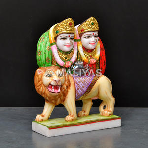 Marbre Chamunda Maa Moorti |   Statue artisanale en marbre Chamunda Mata avec lion pour la maison et le temple - Product Image 4