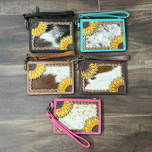 Premium Black Hand Tooled Genuine Fur Leather <b>Card</b> Holder Sunflower Design Mini Coin & <b>Credit</b> <b>Card</b> Holder Wristlet Unisex <b>Wallet</b> - Product Image 4