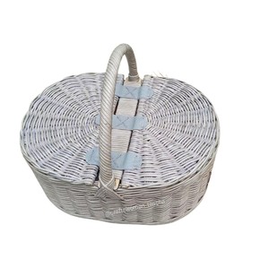 Deep Oval Shaped <b>Wicker</b> <b>Basket</b> Double Lids Leather Straps Padded Top Handle Handcrafted <b>Storage</b> Trunk Case Rattan Picnic <b>Basket</b> - Product Image 2