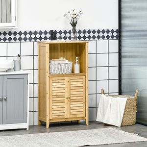 Mobiletto a torre in bambù naturale per soggiorno e bagno, con ripiani multipli e ante - Product Image 2