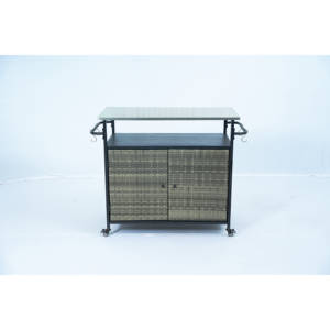 Outdoor PE Rattan Wicker Bar Cart <b>Cabinet</b> Double Doors Glass Top & <b>Wheels</b> for Patio Furniture - Product Image 1
