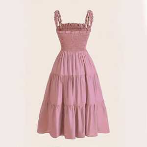 Women's Smocked Ruffle Strap Tiered Midi <b>Dress</b> Square Neck <b>Elastic</b> Waist Sundress Summer Casual A-Line <b>Dress</b> - Product Image 4