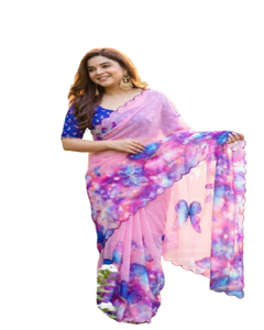 KUNJ CREATION Saree indien style Gujarati Gram Blooming avec broderie, bordure en dentelle à sequins et pièce de chemisier, pour tenue de soirée - Product Image 1