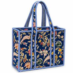Bolsa de Mano de Algodón con Diseño Floral Bohemio, Ribete Azul a Rayas, Estilo Abierto, para Compras, Apta para Todas las Temporadas - Product Image 1