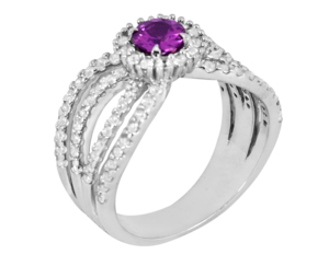 Élégante bague en argent sterling 925 avec rhodium, pierre ronde rose, halo en CZ et bande ondulée pour femmes - Product Image 2