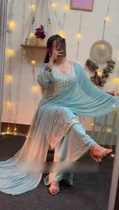 Traje Salwar Kameez Sharara Gharara para Mujer, Estilo Indio-Pakistaní, Color Cielo, Tradicional, de Secado Rápido, para Bodas, Graduaciones y Fiestas - Product Image 6