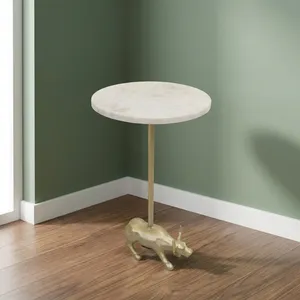 Modern Round <b>Marble</b> <b>Top</b> <b>Side</b> <b>Table</b> with Decorative Bull Metal Base Luxury Accent Furniture for Living Room Bedroom Decor - Product Image 1