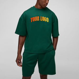 Wholesale high quality 100% cotton men's 2 piece <b>set</b> custom DTF printed logo solid green <b>colour</b> loose fit oversized <b>set</b> - Product Image 4