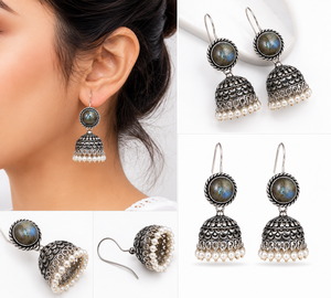 Pendientes Jhumka de Labradorita al por Mayor |   Pendientes de Plata Oxidada con Perlas |   Fabricante de Joyería Étnica India Hecha a Mano - Product Image 6