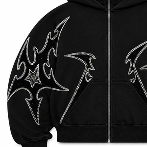 Sweat à capuche zippé noir pour homme, coupe classique, style streetwear, broderie, impression par transfert thermique, design en strass, écologique, automne - Product Image 2