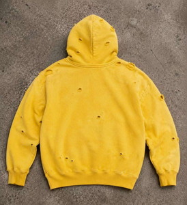 Yellow Oversized Hooded Sweatshirt <b>Men</b> 100% Cotton French Terry Washed Distressed Custom Logo Front Pocket Casual Eco-Friendly - Product Image 4