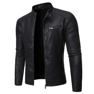 Men's <b>Slim</b> <b>Fit</b> PU Leather <b>Jacket</b> Stand Collar Zipper Closure Moto Biker Style Autumn Wear - Product Image 1