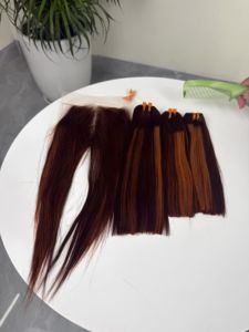 Perruque Lace Closure 4x4 pouces en cheveux humains vierges vietnamiens, lisses, avec mèches rouge orangé foncé, dentelle HD, vente en gros - Product Image 4