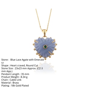 Custom Jewelry Heart Carved Shape Blue Lace Agate <b>with</b> Emerald cz 18k Gold Plated Brass Trendy Unique Jewelry Gift For Birthday - Product Image 1