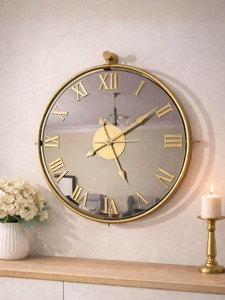 Luxury Gold Frame Mirror <b>Wall</b> <b>Clock</b> With Roman Numerals Suitable For Living Room And Elegant Home <b>Decor</b> Styling From India - Product Image 1