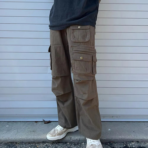 Pantalon Cargo Gris Homme Taille Haute Multiples Poches Toile Décontracté Respirant Coupe Droite Style Printemps Vente en Gros - Product Image 2