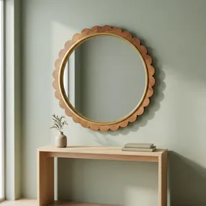 <b>Round</b> Scalloped Wooden Framed <b>Mirror</b> Mid Century Modern Wall Decor Home Use - Product Image 3