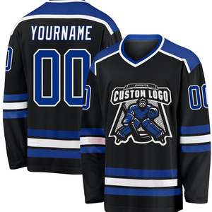 Camiseta de Hockey sobre Hielo Personalizada para Hombre, Negra y Verde, Cuello en V, Manga Larga, Impresión Sublimada, Transpirable, Uniforme de Equipo de Poliéster - Product Image 2
