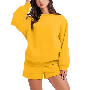 Conjunto de Dos Piezas Amarillo para Mujer, Sudadera Holgada y Pantalones Cortos, Estilo Casual, Color Sólido, Tejido de Algodón, para Primavera/Verano - Product Image 1
