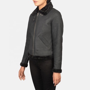 Blouson bombardier élégant en cuir noir Sherilyn 100% véritable peau de mouton avec doublure entièrement en fausse fourrure chaudement personnalisé pour une utilisation hivernale - Product Image 4