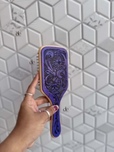 Trending Handmade Hand Tooled Leather Wooden Hair <b>Brush</b> Carved Floral Design Purple Color Rectangular Shape Rajasthan Deepika - Product Image 2