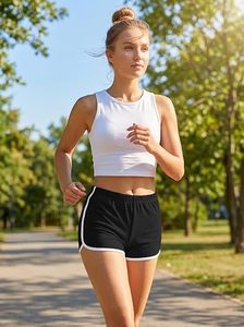 Shorts de yoga et de sport décontractés pour femme, taille haute, élastiques, brillants, respirants, écologiques, couleur unie, en tissu peigné – Collection Été 2025 - Product Image 4